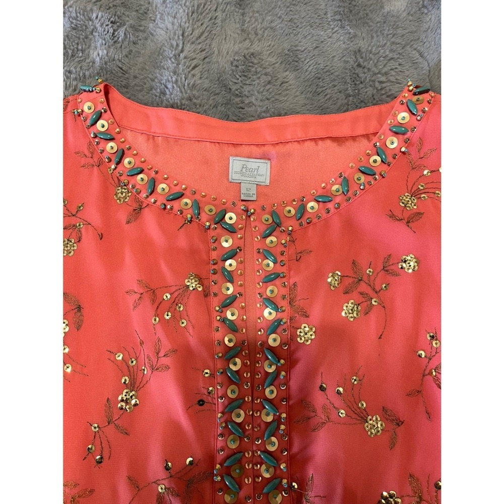Pearl Georgina Chapman Marchesa Coral Sequin Embroidered Shift Dress P9128 Sz 12 - Picture 3 of 7